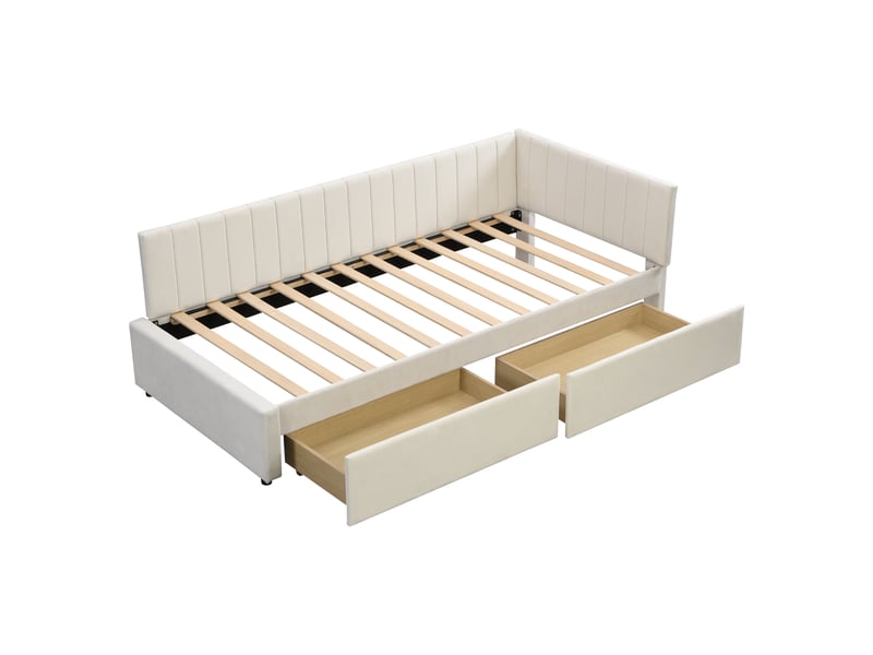  Canapé-lit rembourré 90x200 cm avec 2 grands tiroirs de rangement, lit simple, lit adulte avec sommier à lattes, beige, velours  - Conforama B