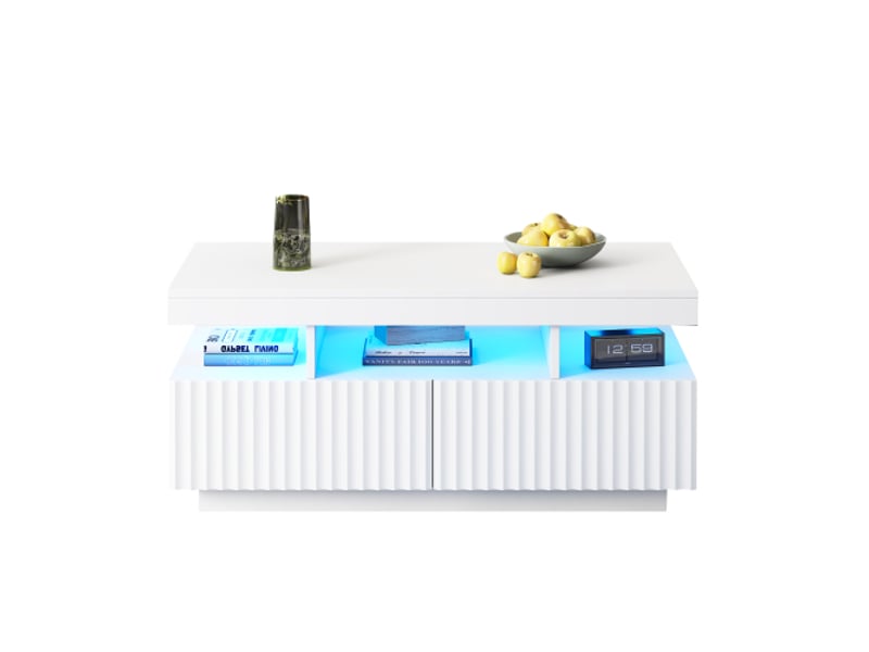 Table basse blanche 100x50x45 cm avec 2 tiroirs, plateau thermoformé sous vide à rayures verticales et led intégrée - Conforama A