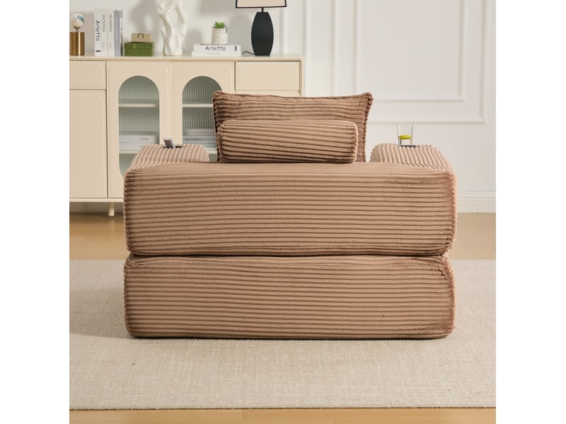  Canapé convertible 1 place avec poches latérales, porte-gobelet et accoudoirs amovibles en velours côtelé marron  - Conforama E