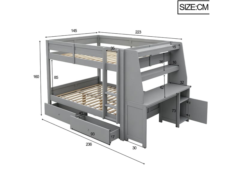  Lit superposé enfant 140x200 cm – gris – bureau intégré, rangement latéral réversible et 2 tiroirs – sans matelas  - Conforama C