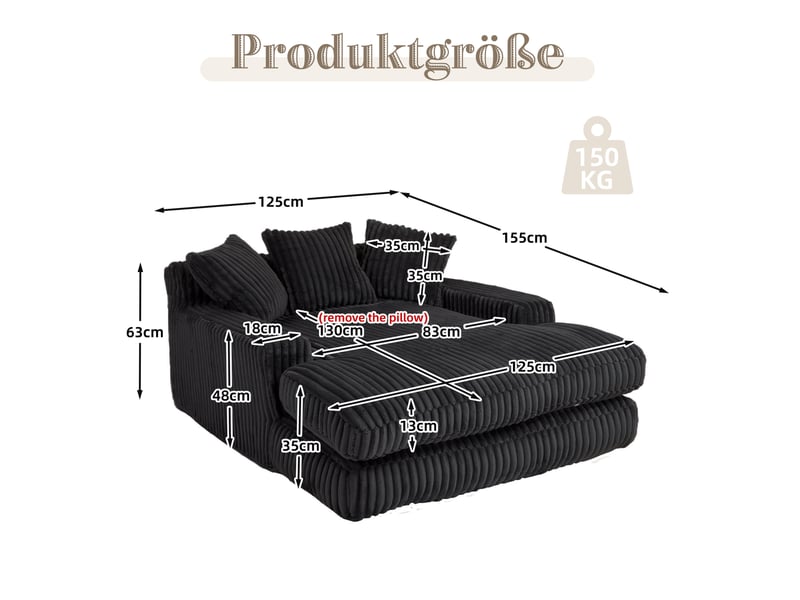 Canapé convertible 1 place en velours côtelé noir avec 3 coussins, format bas 125 × 155 cm pour se détendre - Conforama C