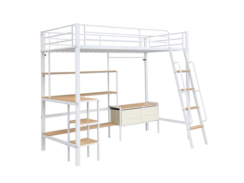  Lit mezzanine 90x200 cm avec bureau, lit surélevé pour chambre d'enfant avec étagère et 2 bacs de rangement, métal et mdf avec échelle inclinée, blanc  - Conforama D