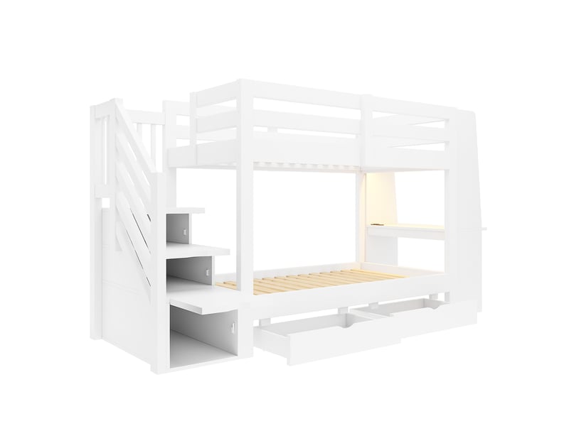  Lit superposé enfant 90 × 200 cm avec bureau, étagères, led, prises et rangements, sans matelas, blanc  - Conforama E