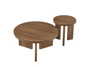 Tables basses gigognes avec 2 plateaux ronds, structure rainurée, style moderne, en mdf, décor noyer brun