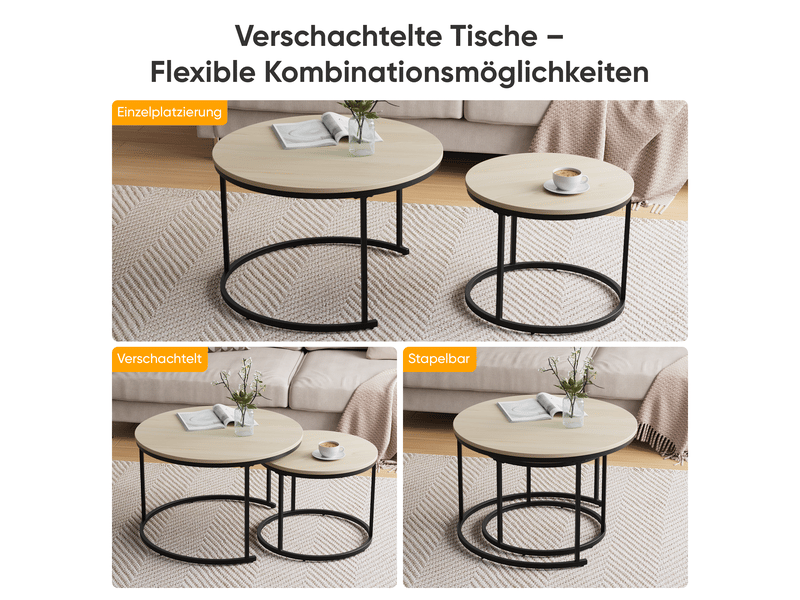  Table basse gigogne ronde 2 pièces gain de place - lpospi - plateaux effet chêne, piètement métal, style moderne - chêne  - Conforama E