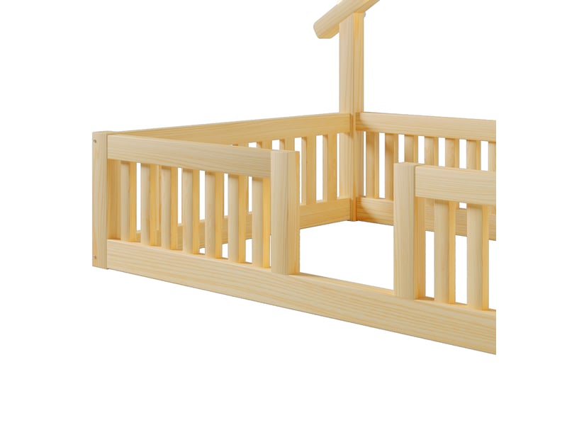 Lit cabane enfant 90×200 cm avec barrière de sécurité et led à interrupteur, bois naturel  - Conforama D