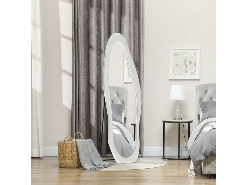  Miroir sur pied et mural avec cadre en velours ondulé, 160 x 50 cm, blanc  - Conforama C