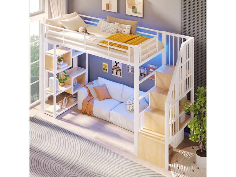  Lit mezzanine 90 x 200 cm, blanc, sans matelas, structure métal, rangement et led, échelle et garde-corps  - Conforama C