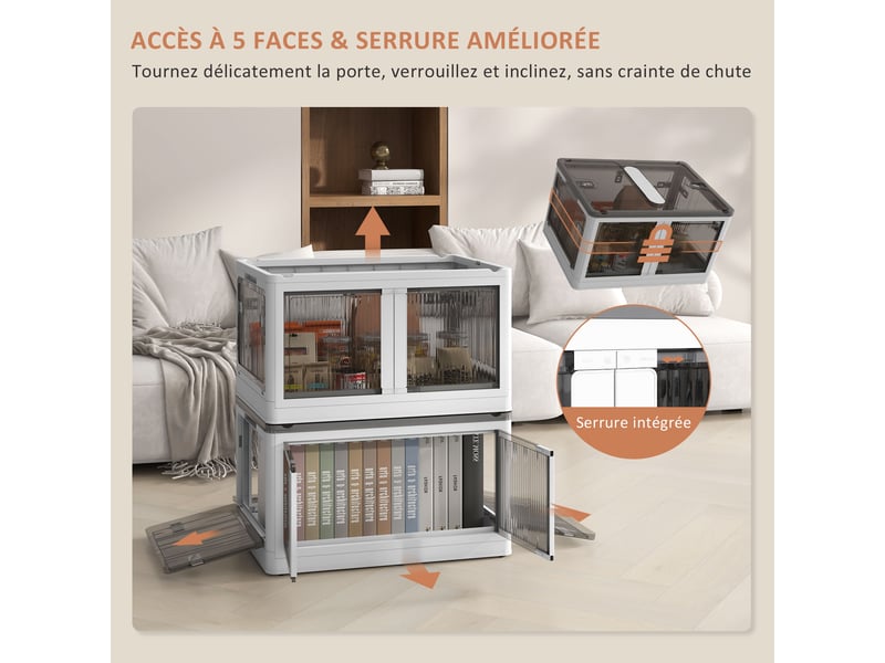 Boîtes de rangement pliables et empilables 69l en plastique avec couvercle et 4 roulettes, blanc, accès à 5 côtés - Conforama A
