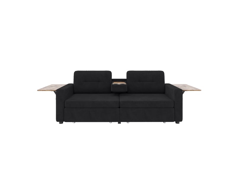 Canapé 2 places avec 2 tiroirs, tablettes réglables et porte-gobelets en chenille noire - Conforama D