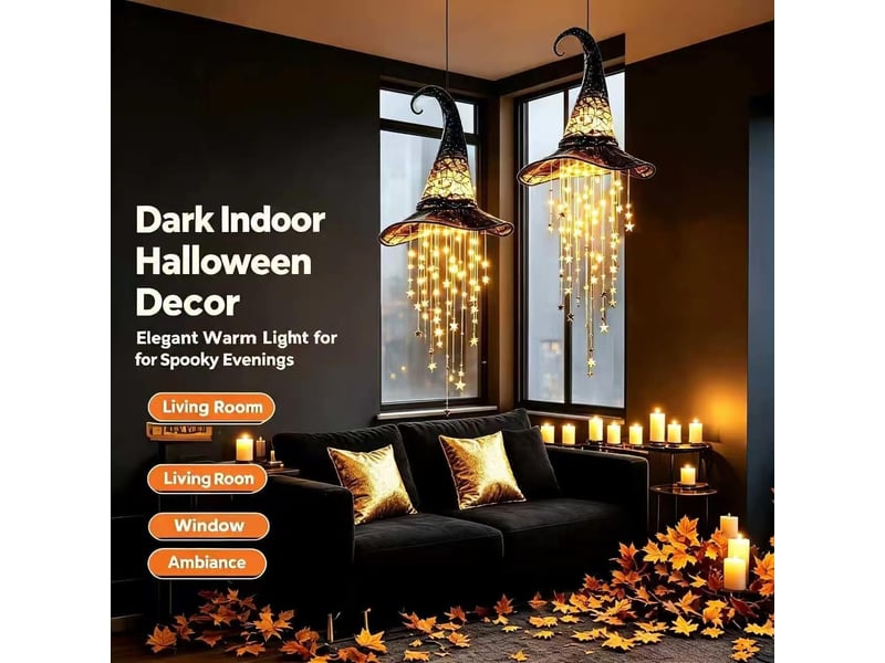 Lot de 1 décoration halloween lumineuse, chapeau de sorcière avec étoiles led, suspension décorative pour porche, entrée et jardin - Conforama C