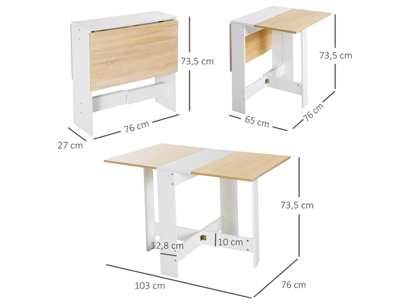  Table de cuisine pliable 103l x 76l x 74h cm en bois bicolore chêne blanc  - Conforama E