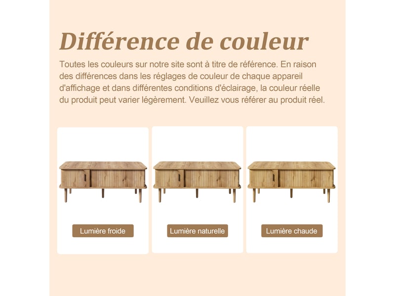  Table basse en mdf et bois 100×48×55,5 cm, avec plateau relevable, porte coulissante, rainures verticales et pieds ronds  - Conforama D
