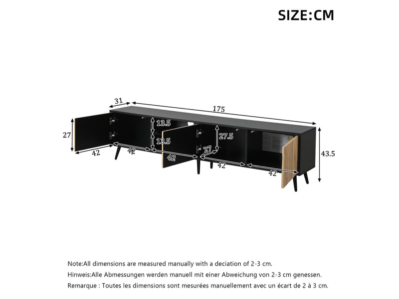  Meuble tv ulevr led avec rangement 175 x 31 x 43,5 cm, 3 portes, jusqu’à 75 pouces, panneau de particules, bois naturel et noir  - Conforama C