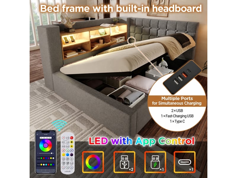  Lit coffre 90x190 avec sommier à lattes, led, usb et tête en l, lin gris  - Conforama D