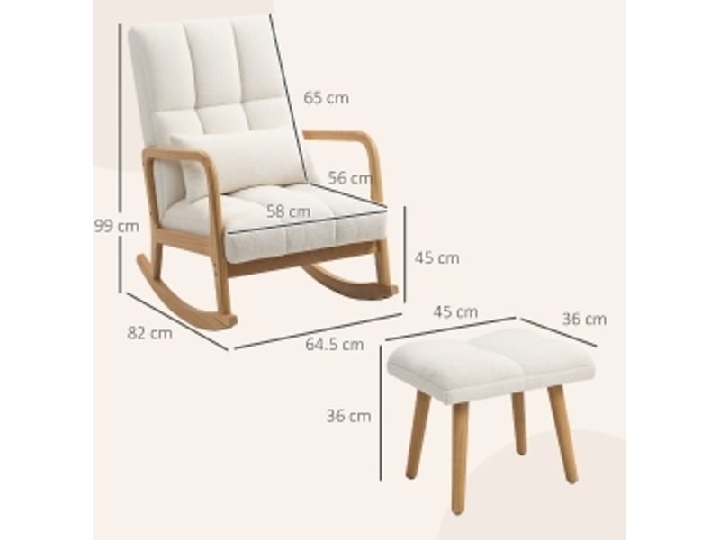  Fauteuil à bascule avec repose-pieds, mouvement 90°-130°, dossier haut et accoudoirs, en bois et polaire blanc  - Conforama C