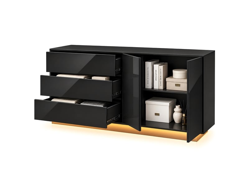 Kefsr buffet noir brillant avec led - meuble tv & bahut moderne 2 portes 3 tiroirs, sans poignée, design laqué pour salon, salle à manger et entrée (160x35x71cm) - Conforama A