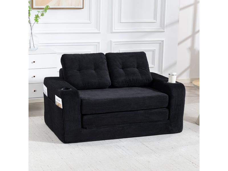  Canapé convertible 2 places en velours côtelé noir 136 cm, canapé lit compact avec assise rembourrée pour petit salon IKSETERA TRADING LTD - Conforama B