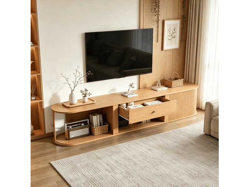  Meuble tv bas 180 x 40 x 40 cm, 2 portes à rideau, tiroir, coloris bois  - Conforama E