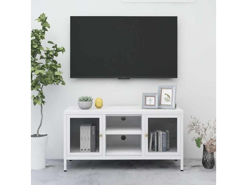  Meuble tv - banc tv - meuble de rangement blanc 105x35x52 cm acier et verre  - Conforama B
