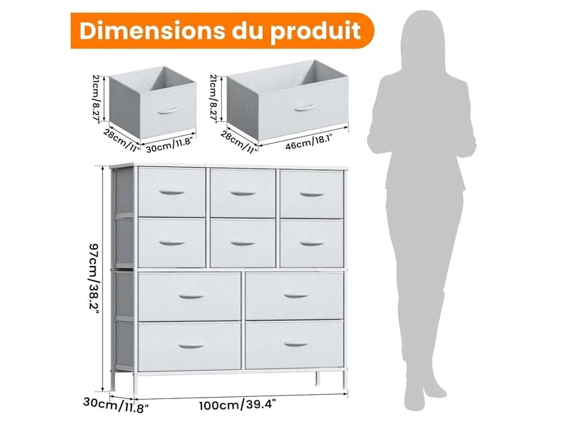 Chiffonnier dix tiroirs tissu blanc meuble de rangement 97 cm moderne  - Conforama D