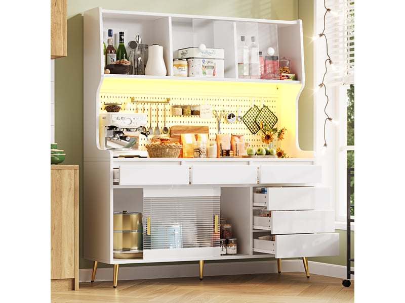 Armoire haute blanche avec led, meuble de rangement cuisine et salle à manger moderne, portes en verre, 145x39x171cm. - Conforama E