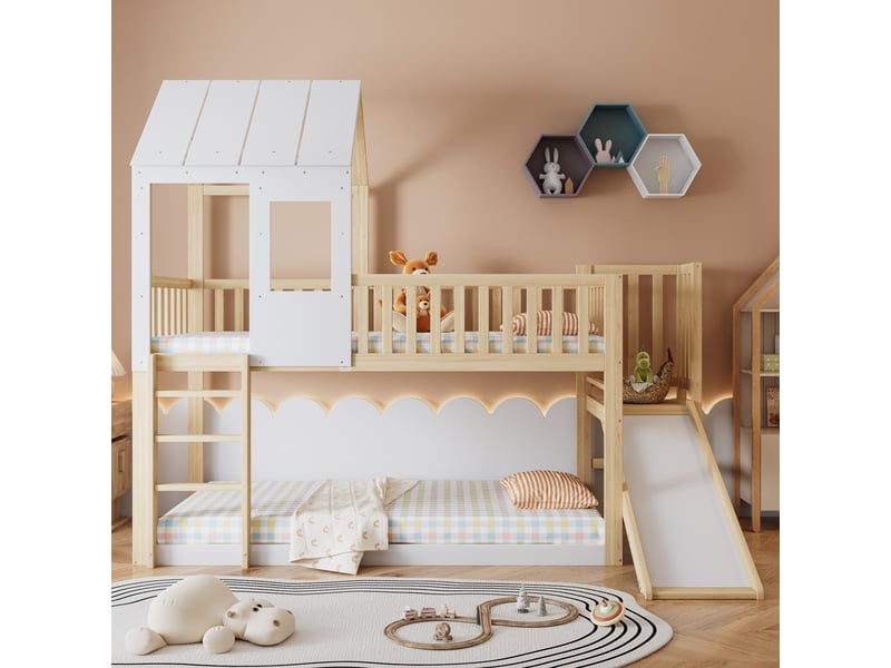  Lit mezzanine cabane enfant 90x200 cm, toboggan, toit avec fenêtre, barrières, pin et mdf, naturel + blanc Radiant Stride - Conforama B
