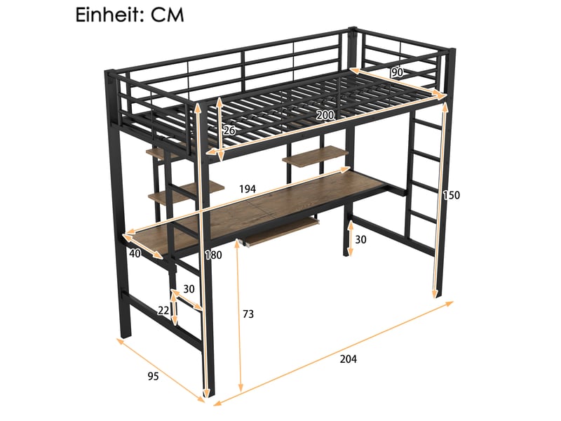  Lit mezzanine 90x200 cm avec bureau et 2 étagères métal noir  - Conforama C