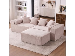 Canapé d’angle modulaire beige 3 places avec méridienne, canapé en tissu chenille, sans montage, 217 cm pour chambre