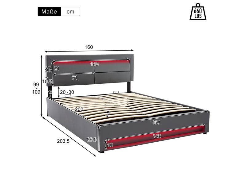  Lit adulte 160x200cm,lit coffre en pu avec connexion usb(supporte le chargement sans fil et filaire) et lumière led,gris lit adulte gris - Conforama C