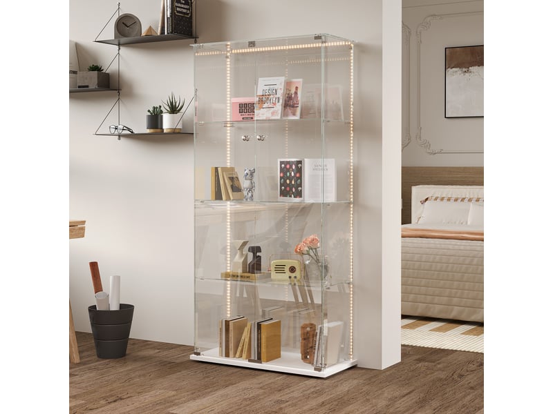  Vitrine en verre 4 niveaux double porte - 78,5 x 36,5 x 163 cm - blanc - grande armoire d'exposition avec ruban led et base blanche  - Conforama C