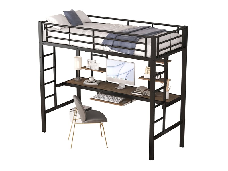  Lit mezzanine 90x200cm, noir, structure métal, bureau, deux étagères, sécurité enfant solide, pour chambre  - Conforama A