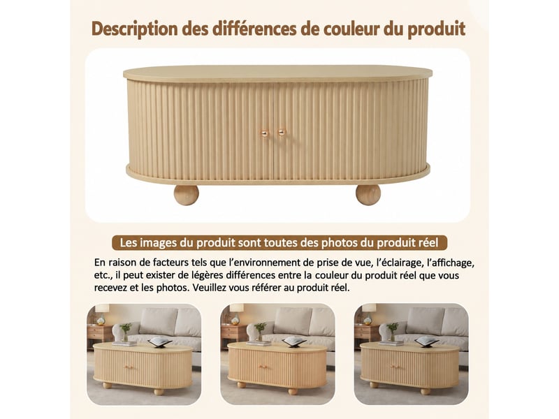  Table basse ovale bois 100x50x40 cm, table de salon mdf avec portes coulissantes, grand rangement, design moderne  - Conforama E
