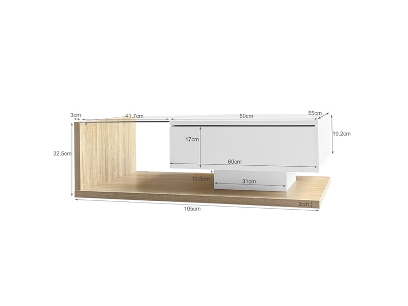  Table basse blanc brillant et bois, avec verre et éclairage led  - Conforama C