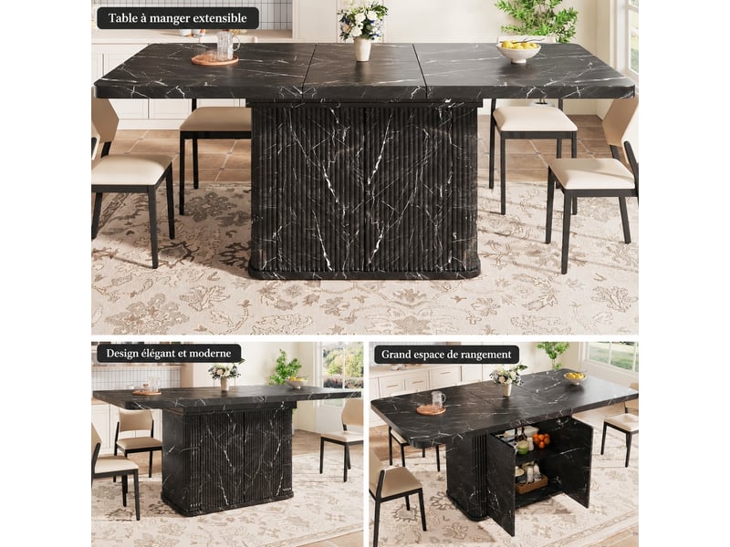  Table à manger extensible 140-180 cm effet marbre noir avec rangement caché et façade rainurée  - Conforama B