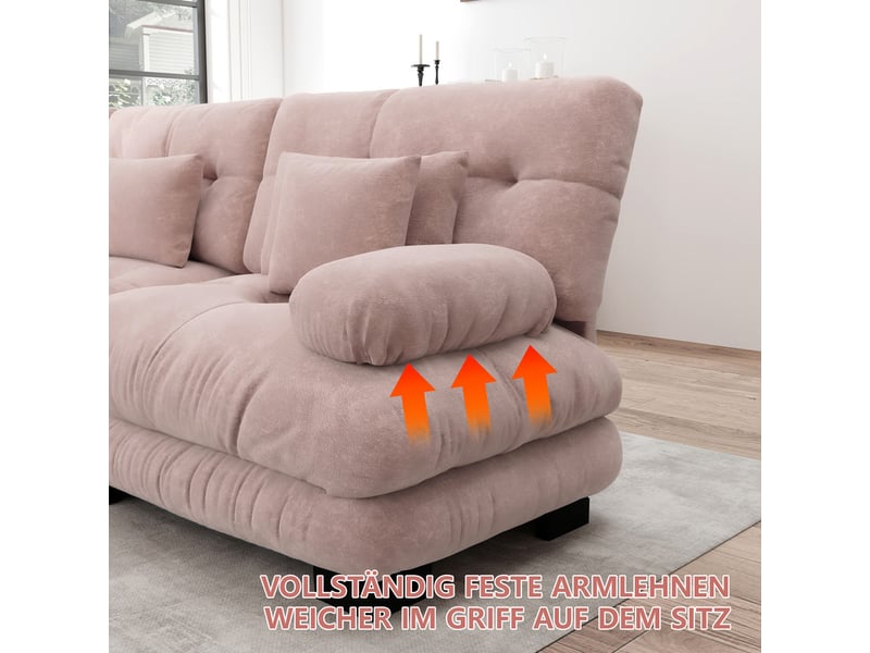  Canapé d'angle modulable 3 places à assise profonde, assise confortable, chenille rose, 313x77x81cm  - Conforama D