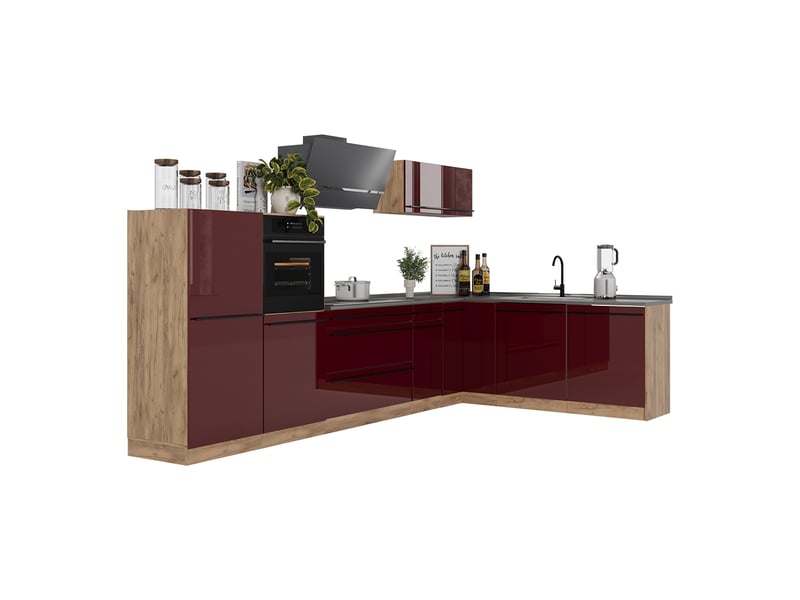  Vicco cuisine en angle, rouge brillantchêne doré, 347 x cm plan de travail chêne doré  - Conforama E