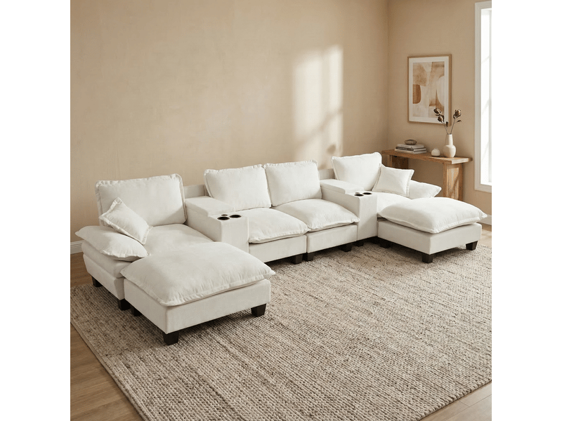  Canapé panoramique en u modulaire avec rangement, usb et porte-gobelets - chenille beige 392 × 151 × 90 cm  - Conforama B