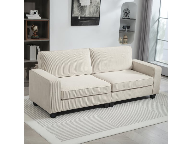  Canapé droit fixe 3 places en cord blanc crème 227 x 84 x 87 cm, avec accoudoirs et coussins à ressorts, pour salon  - Conforama B