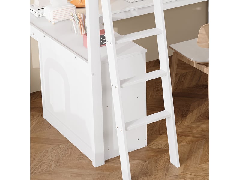  Lit mezzanine enfant 90 x 200 cm blanc en pin, bureau, étagères et échelle inclinée à 4 marches, 120 kg  - Conforama E