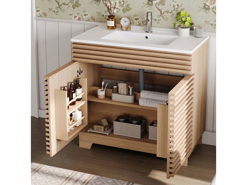  Meuble salle de bain sur pied 91cm avec lavabo en céramique intégré, meuble vasque bois naturel  - Conforama D