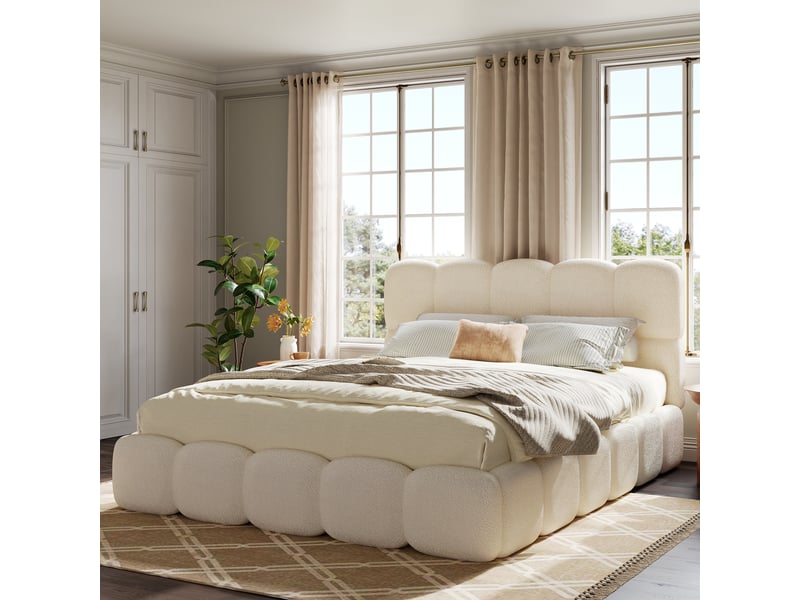  Lit coffre rembourré 180x200 cm, rangement hydraulique, tête de lit capitonnée aux lignes arrondies, sommier à lattes, bouclé blanc Radiant Stride - Conforama D