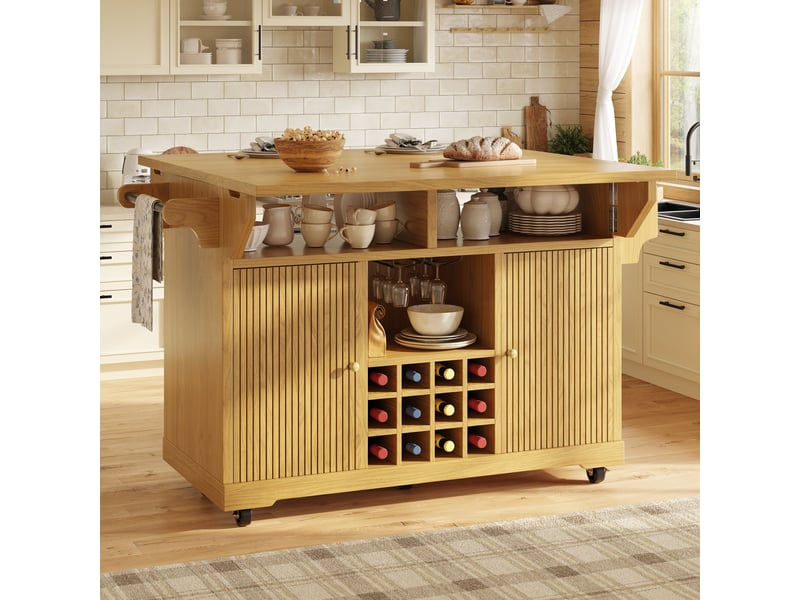  Desserte de cuisine mobile et îlot de cuisine extensible, chariot de service avec porte-bouteilles, hauteur 95 cm, bois naturel  - Conforama C