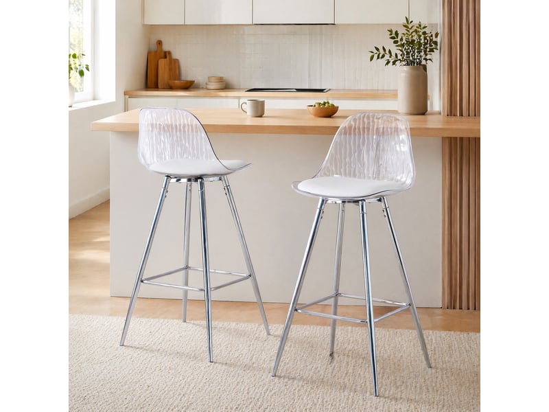  Chaise de bar avec dossier ergonomique et repose-pieds, en plastique transparent et métal argenté  - Conforama B