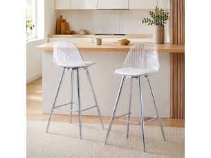 Chaise de bar avec dossier ergonomique et repose-pieds, en plastique transparent et métal argenté