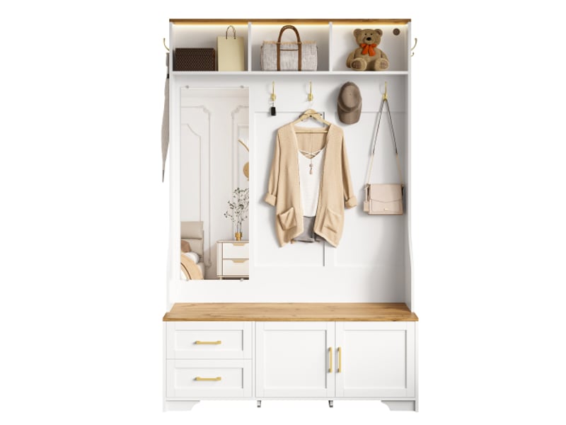  Porte-manteau d'entrée multifonction led avec miroir, crochets, tiroirs et assise – rangement chaussures  - Conforama A