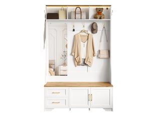 Porte-manteau d'entrée multifonction led avec miroir, crochets, tiroirs et assise – rangement chaussures