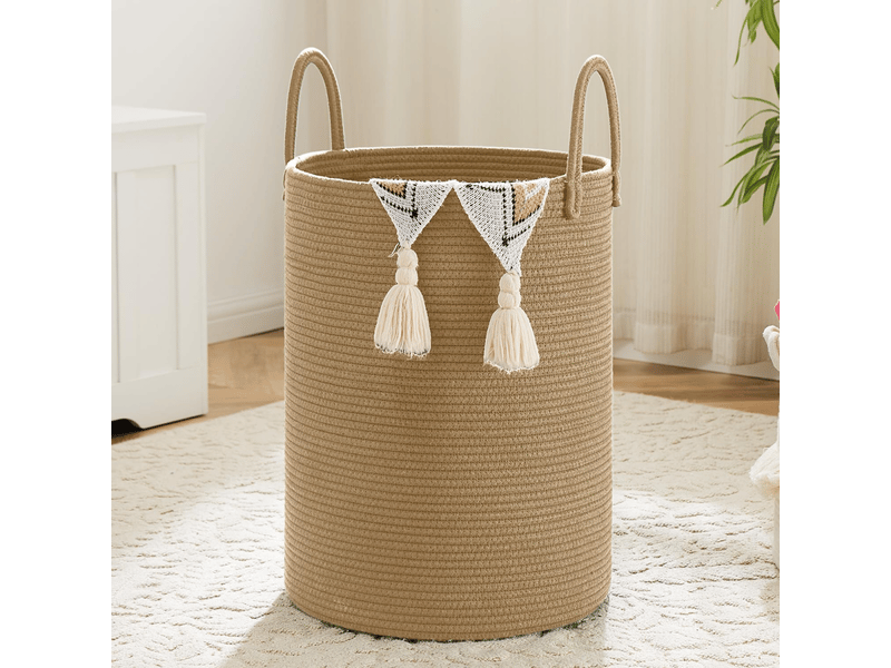  Panier à linge en corde de coton tressé 60 litres pour ranger vêtements sales ou jouets, marron  - Conforama A