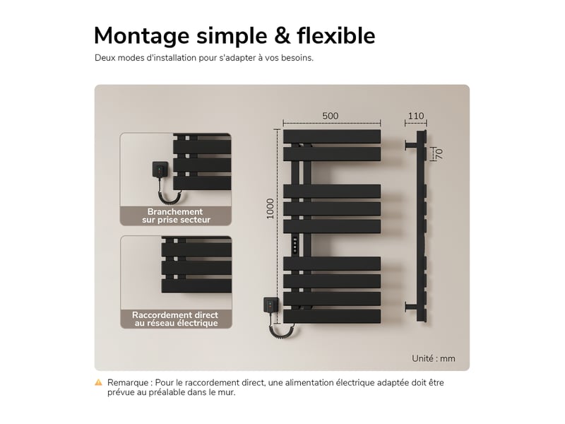 Sèche-serviettes électrique intelligent emke 1000 x 500 mm 320w, radiateur salle de bain connecté wifi, noir - Conforama E
