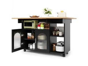 Îlot de cuisine noir avec table pliante intégrée, chariot sur roulettes, longueur 120 cm, mdf et métal